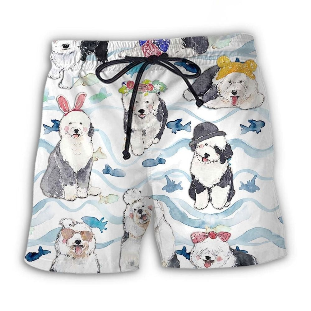 Old English Sheepdog Cute Beach Shorts Artwork Detail For Tropical Travel And Everyday Wear