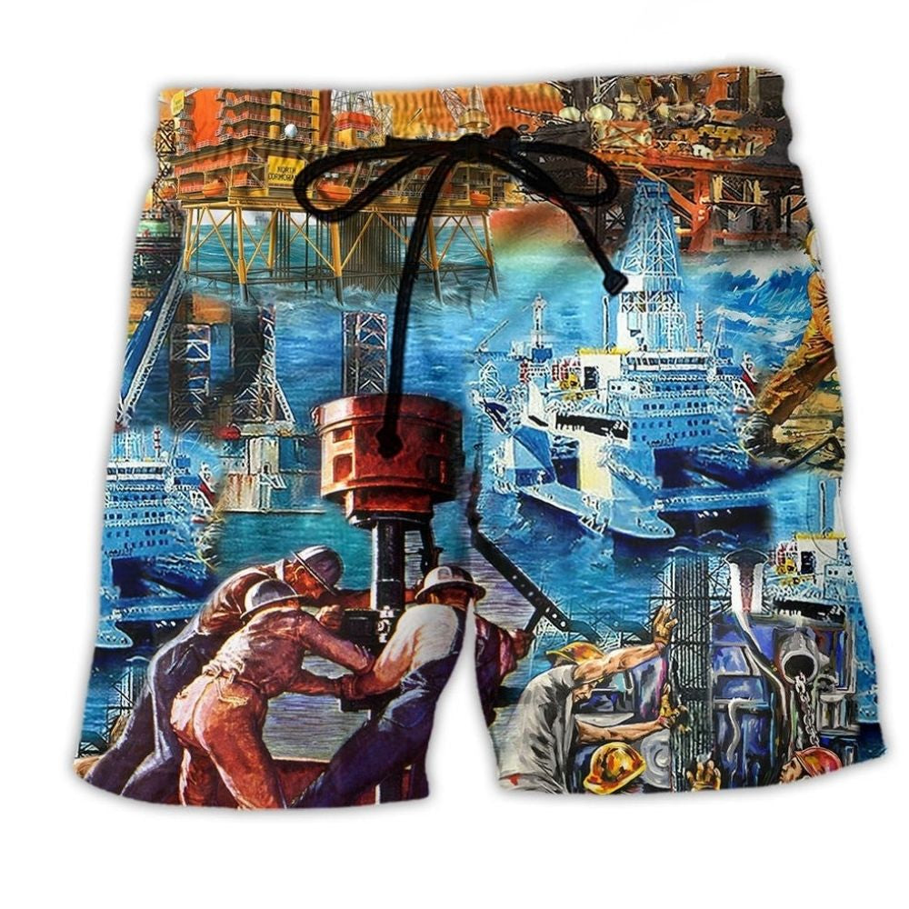 Oil Field Drill Beach Shorts For Holiday Cruises And Laid Back Daily Wear