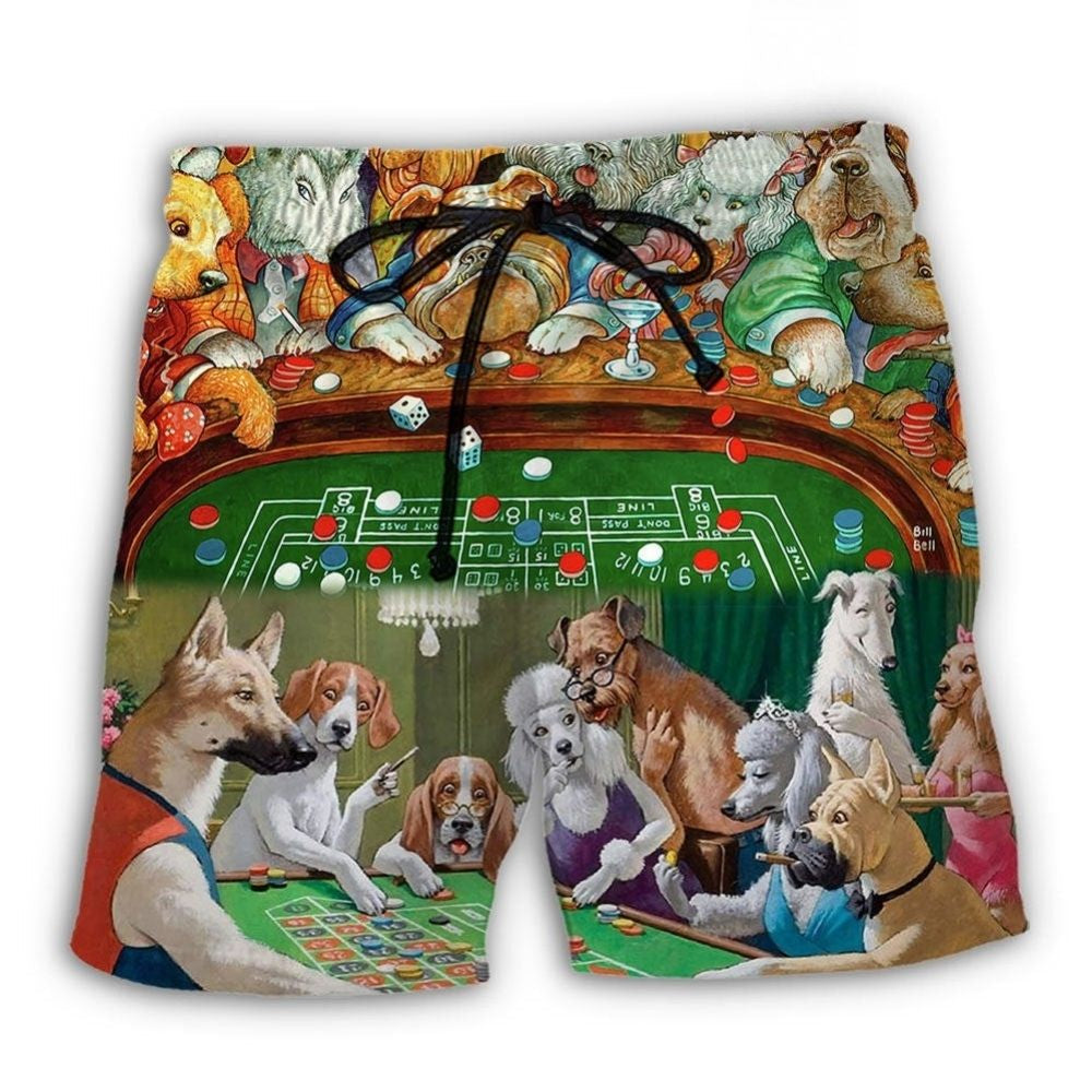 Funny Dogs Playing Casino Beach Shorts Pattern View For Coastal Holidays And Casual Activities