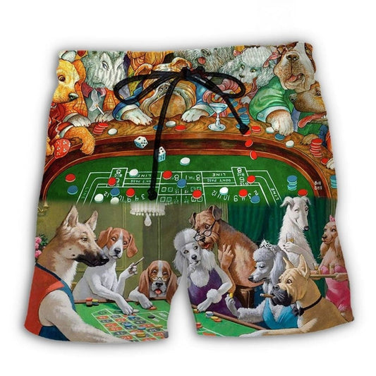 Funny Dogs Playing Casino Beach Shorts Pattern View For Coastal Holidays And Casual Activities