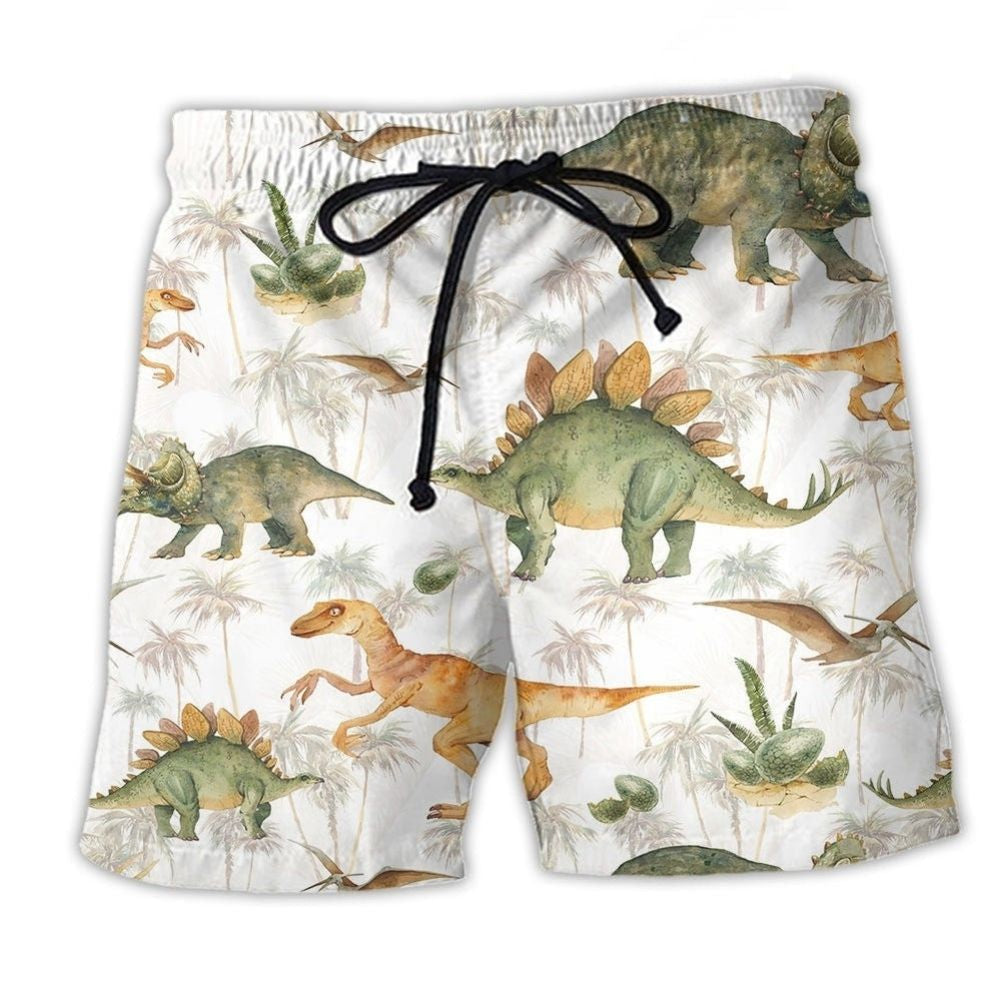 Dinosaur Tropical Minimal White Beach Shorts For Seaside Travel And Distinctive Seasonal Style