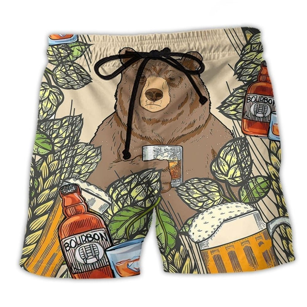 Bear Loves Bourbon Humor Beach Shorts Design Detail For Casual Warm Weather Outfits