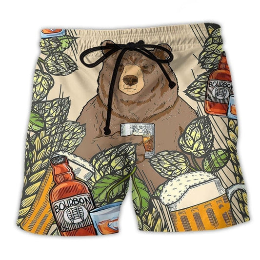Bear Loves Bourbon Humor Beach Shorts Design Detail For Casual Warm Weather Outfits