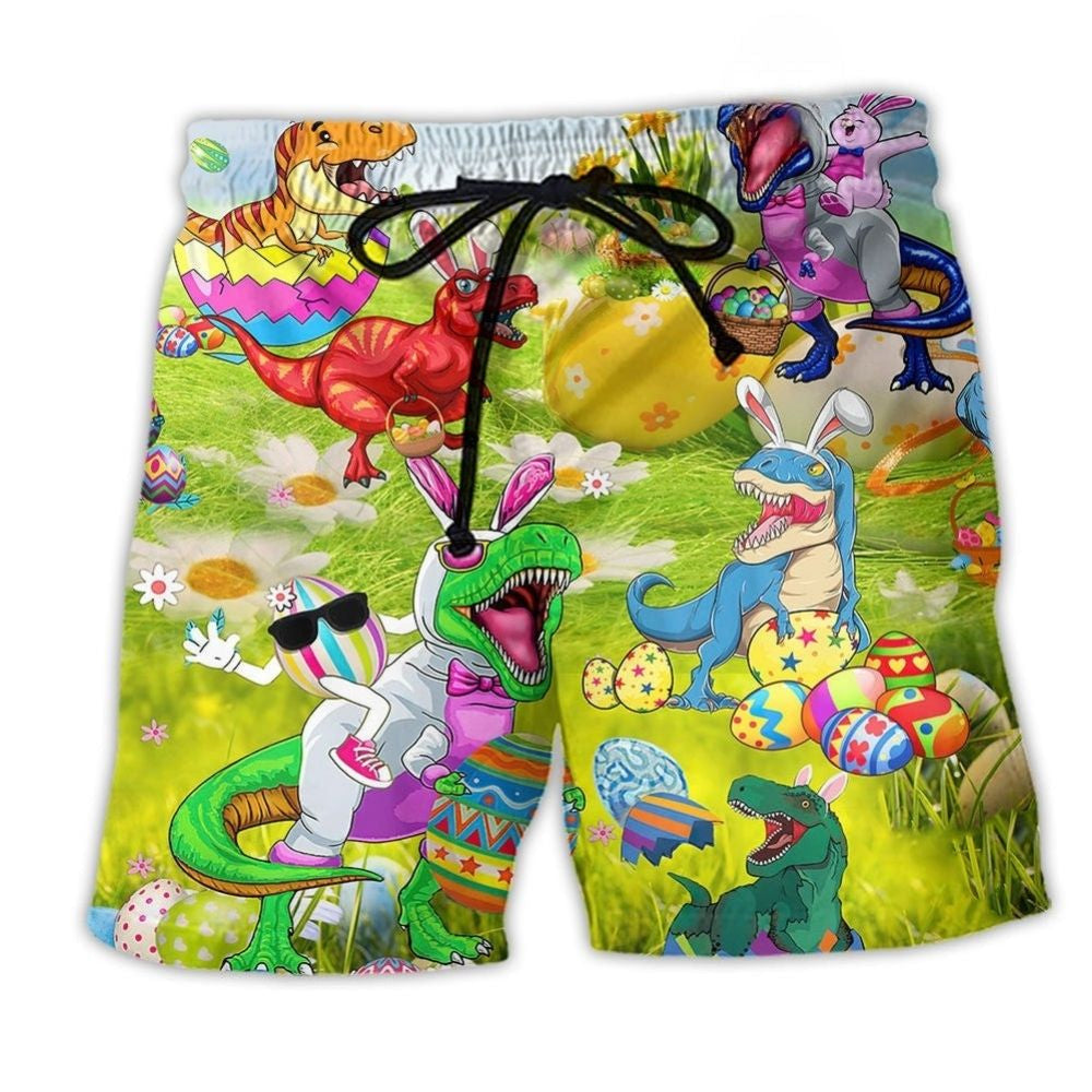 Funny T Rex Egg Humor Beach Shorts Design View For Poolside Relaxation And Holiday Trips