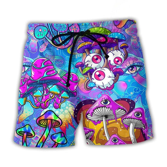 Colorful Hippie Mushroom Fantasy Beach Shorts Design View For Poolside Relaxation And Holiday Trips