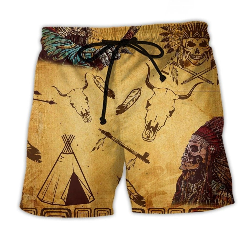 Southwestern Skull Feather Warrior Beach Shorts For Casual Day Trips And Travel Ready Comfort