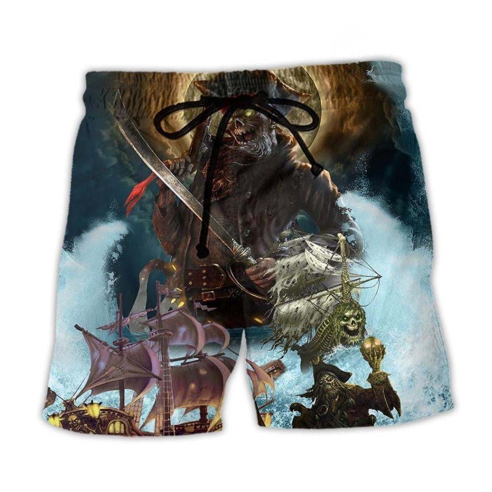 Skull Pirate Ocean Lover Beach Shorts For Halloween Vacation And Festival Style