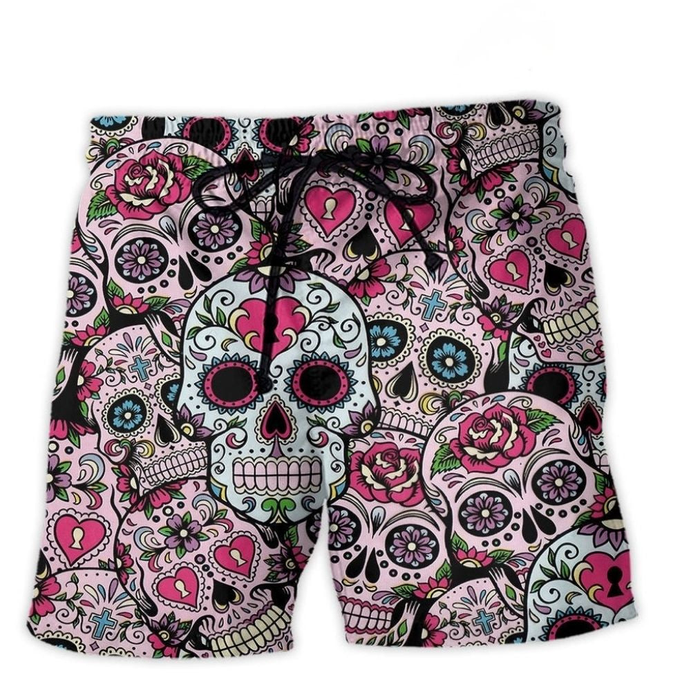 Colorful Sugar Skull Creative Mix Beach Shorts For Beach Trips And Relaxed Vacation Styling