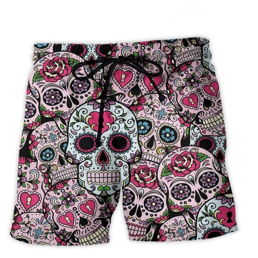 Colorful Sugar Skull Creative Mix Beach Shorts For Beach Trips And Relaxed Vacation Styling
