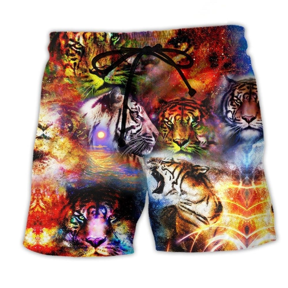 Cosmic Tiger Power Universe Beach Shorts Design Detail For Casual Warm Weather Outfits