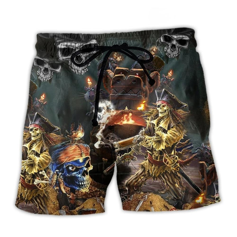 Skull Chasing Treasure Fun Beach Shorts Pattern View For Relaxed Vacation Styling