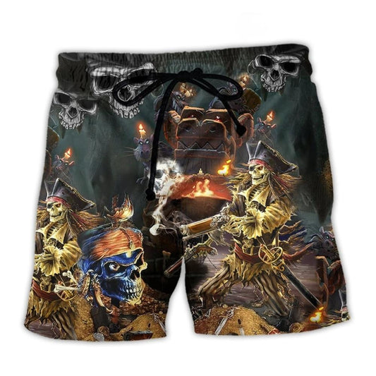Skull Chasing Treasure Fun Beach Shorts Pattern View For Relaxed Vacation Styling