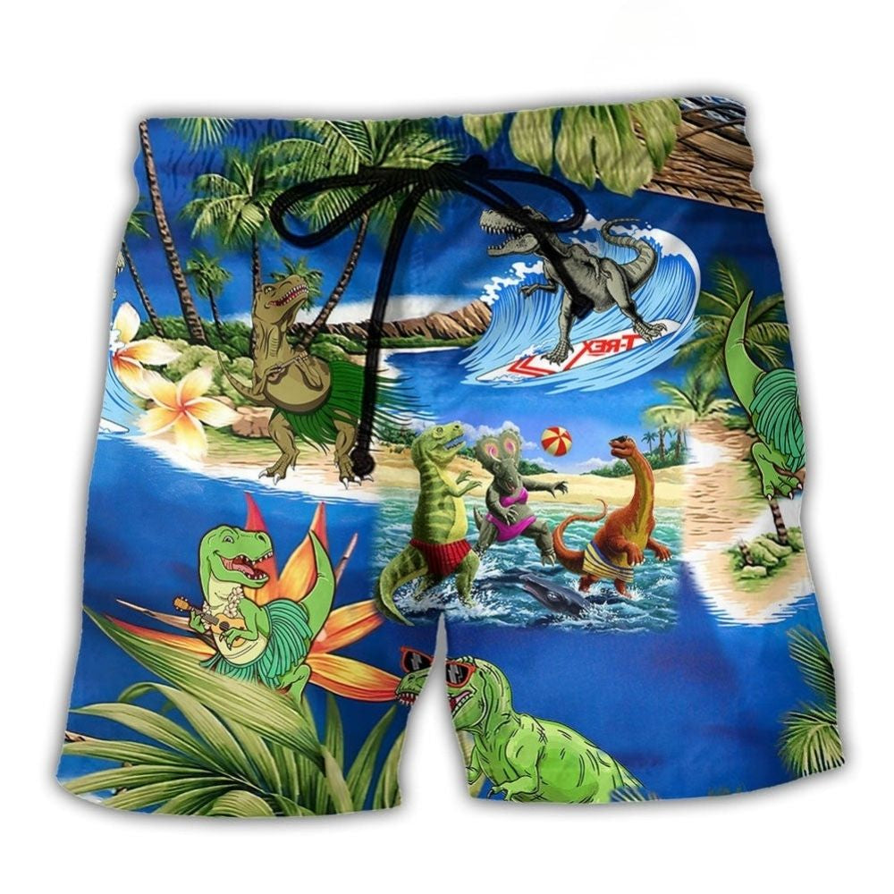 Green Dinosaur Beach Shorts For Island Escapes And Easy Warm Weather Wear