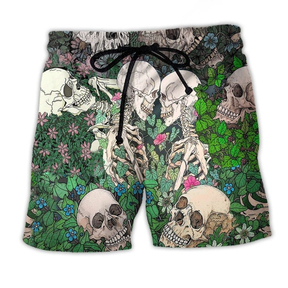 Skull Couple Kiss Floral Romantic Beach Shorts For Resort Getaways And Warm Weather Wardrobe