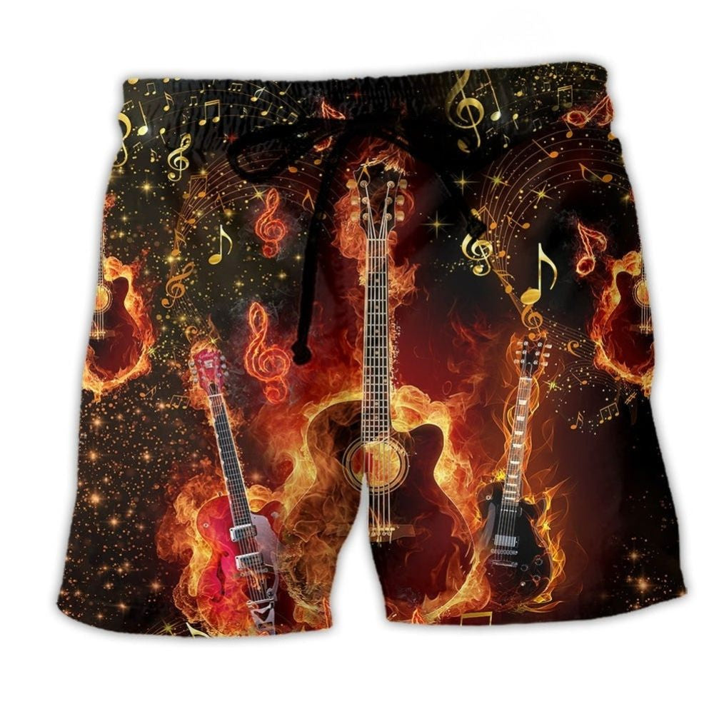 Guitar Music Flaming Red Beach Shorts Design Detail For Concert Inspired Vacation Wear