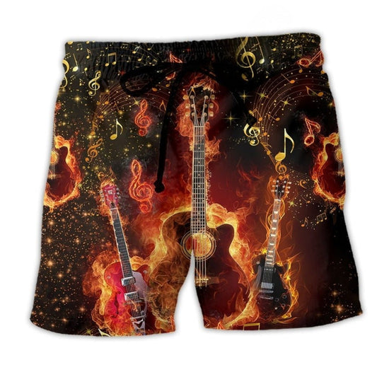 Guitar Music Flaming Red Beach Shorts Design Detail For Concert Inspired Vacation Wear