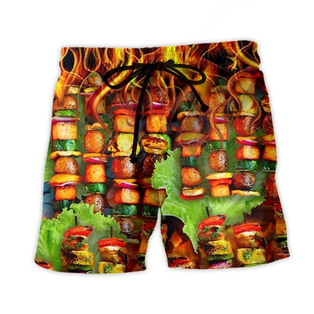 BBQ Fire Heat Grilling Beach Shorts Artwork Detail For Tropical Travel And Everyday Wear