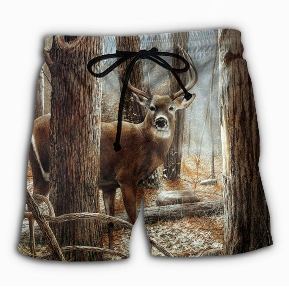 Deer Hunting Forest Outdoor Beach Shorts Pattern Detail For Sunny Outdoor Activities