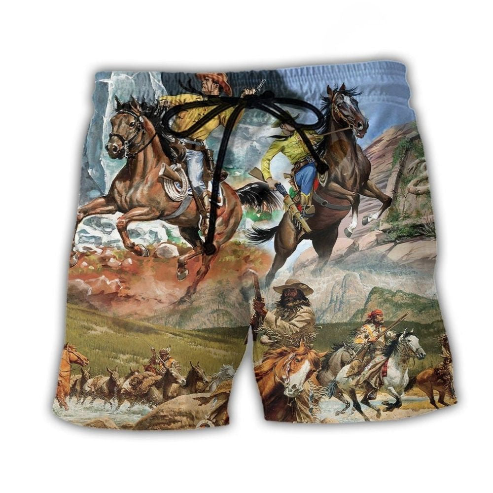 Cowboy Shooting On Horseback Desert Western Beach Shorts Design View For Summer Events And Coastal Getaways