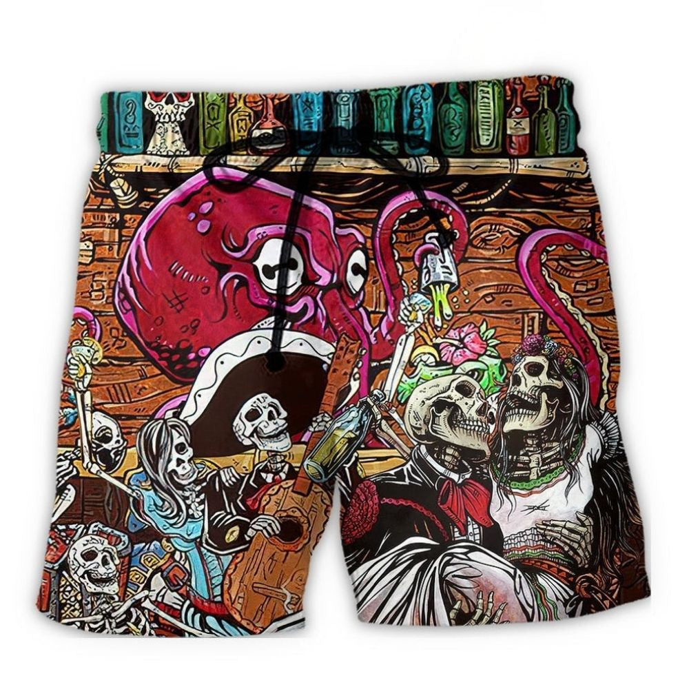 Bartender Skull Octopus Play Together Beach Shorts Design Detail For Weekend Getaways And Beach Days