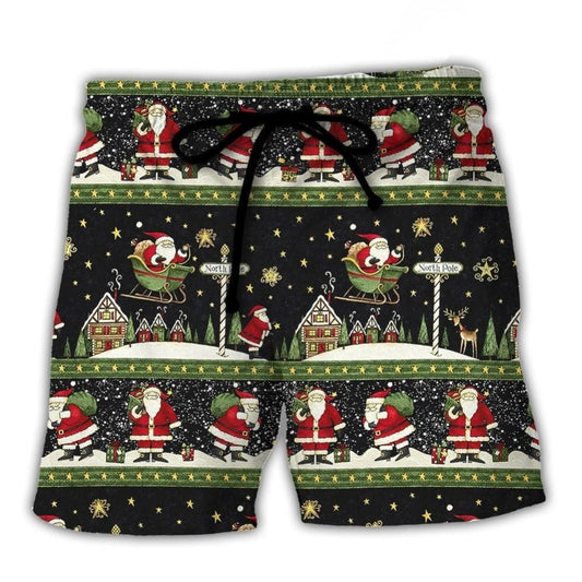 Merry Christmas Santa Night Beach Shorts Artwork Detail For Tropical Travel And Everyday Wear
