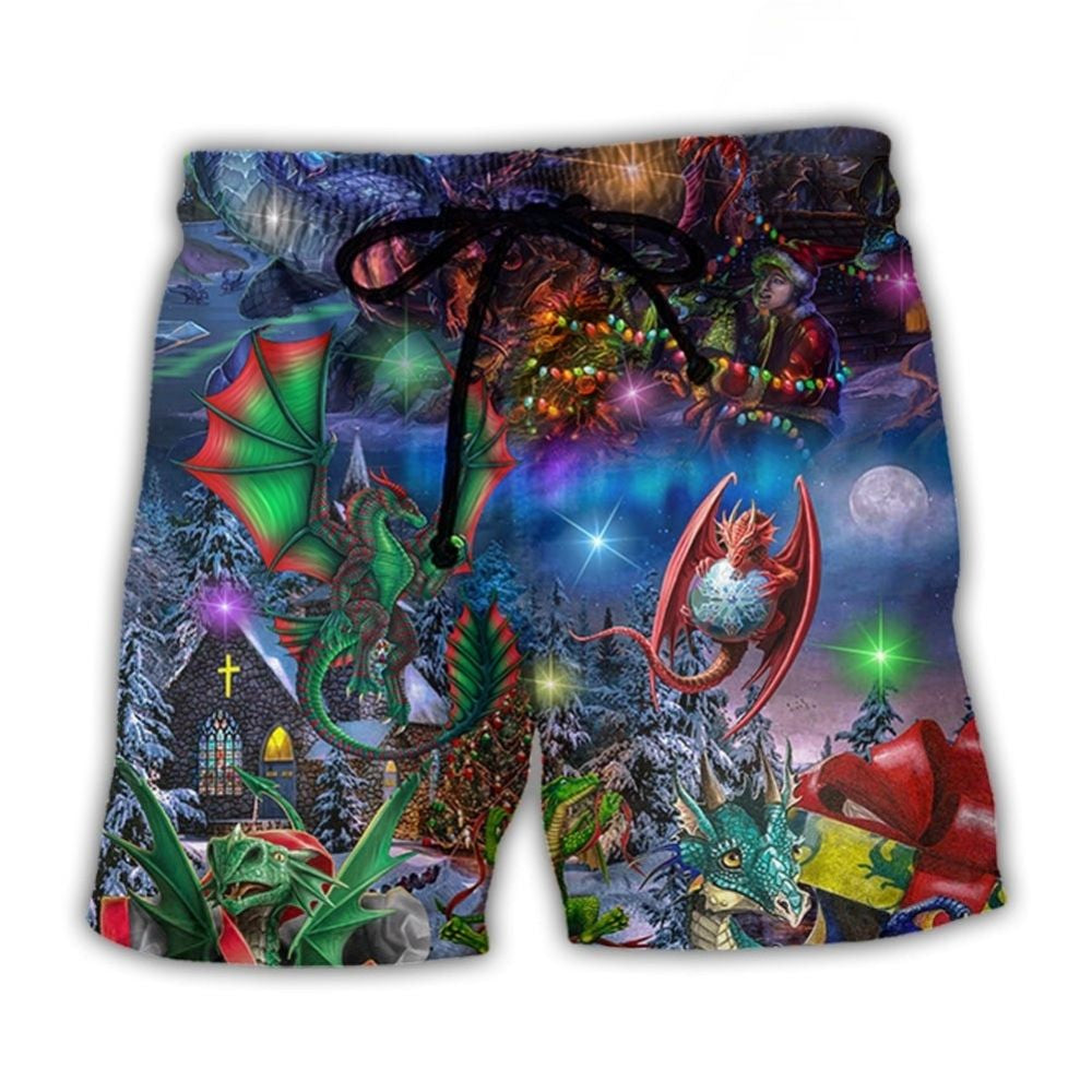 Dragon Christmas Light Fantasy Beach Shorts Design Detail For Casual Warm Weather Outfits