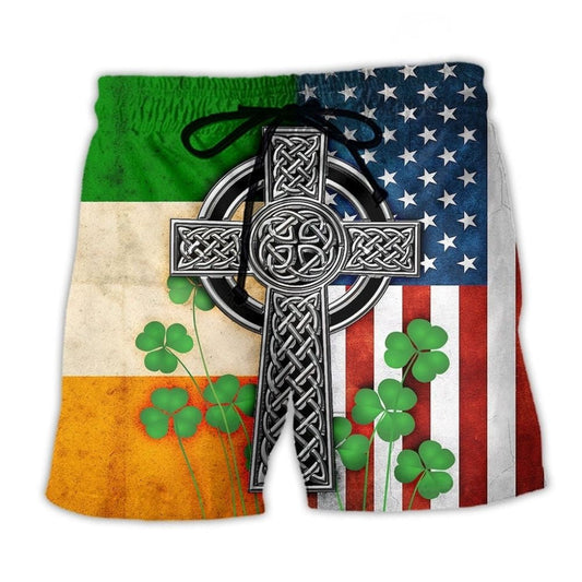 Celtic Cross Flag Irish Beach Shorts For Summer Vacations And Flexible Everyday Wear