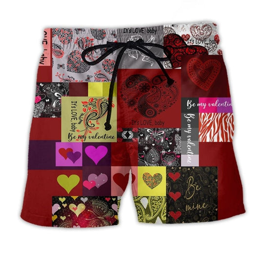 Valentine Paisley Heart Red Beach Shorts For Summer Festivals And Leisure And Relaxation