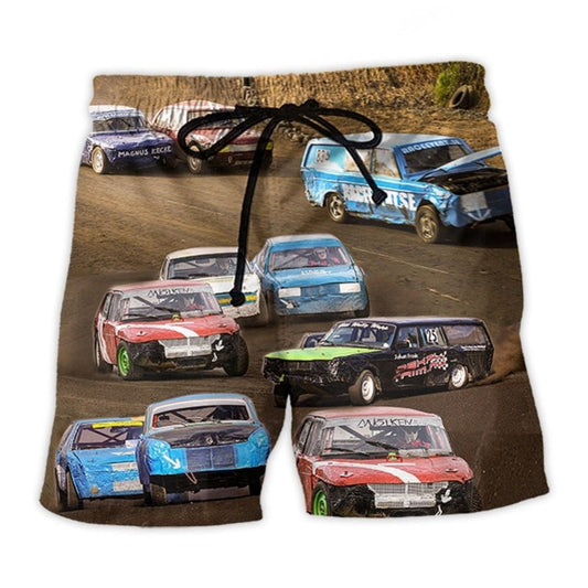 Car Racing Classic Road Beach Shorts Pattern View For Resort Days And Outdoor Activities