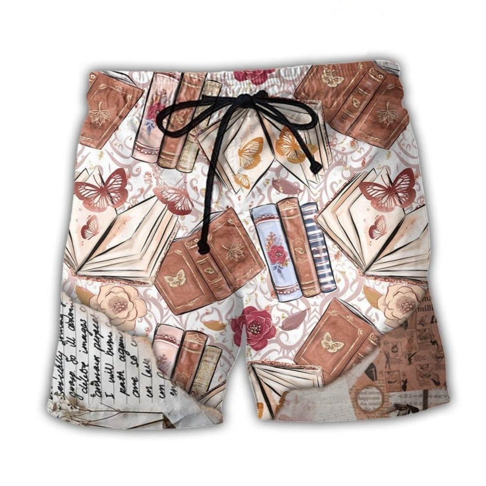 Book With Flowers And Butterflies Beach Shorts Artwork Detail For Tropical Travel And Everyday Wear