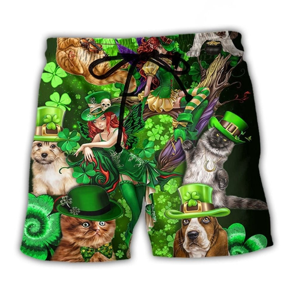 Irish Cat Girl Green Festival Beach Shorts Pattern View For Vacation Travel And Outdoor Fun