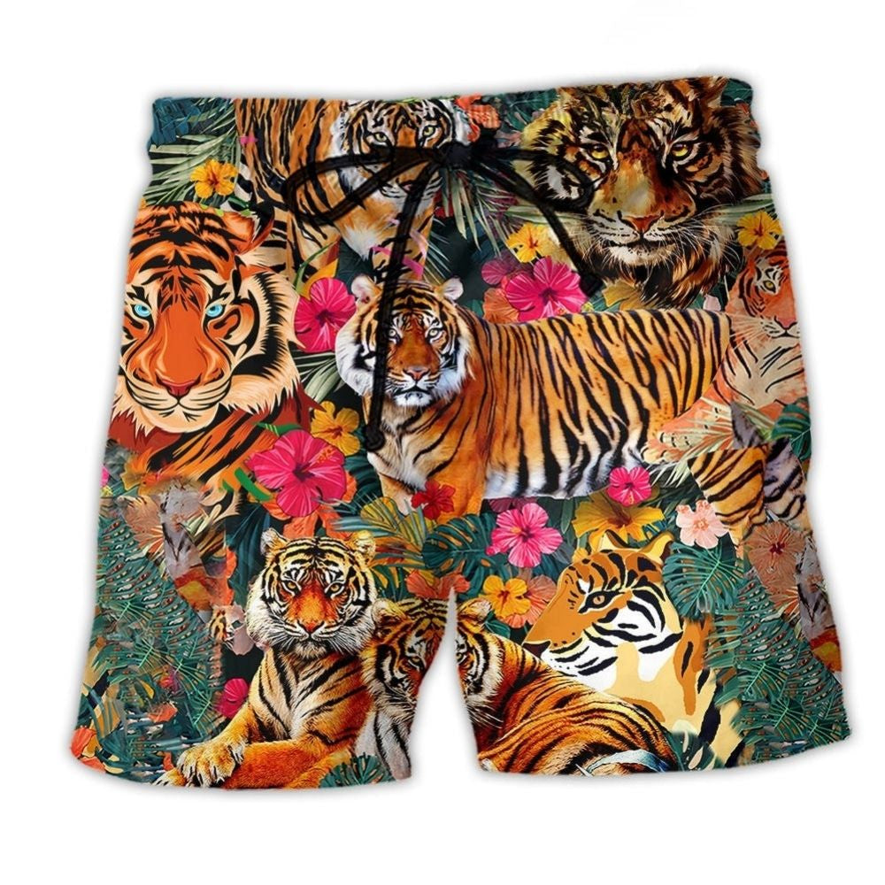 Jungle Tiger Freedom Floral Beach Shorts Design View For Poolside Relaxation And Holiday Trips
