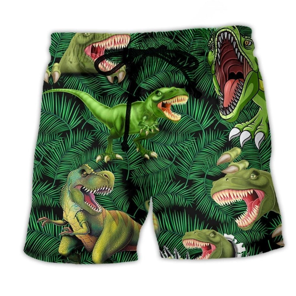 Green Dinosaur Love Life Beach Shorts Pattern Detail For Sunny Outdoor Activities