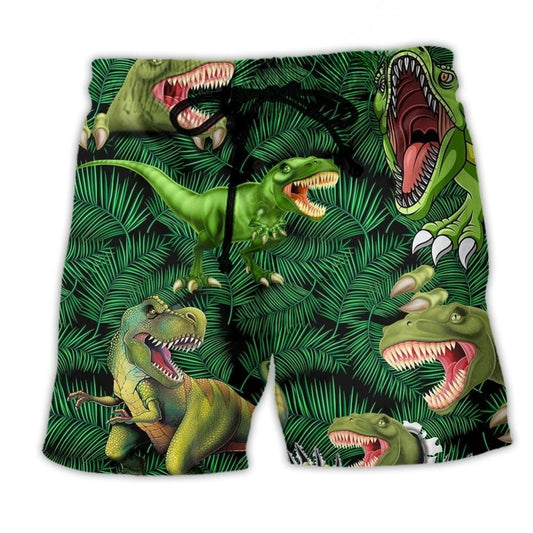 Green Dinosaur Love Life Beach Shorts Pattern Detail For Sunny Outdoor Activities