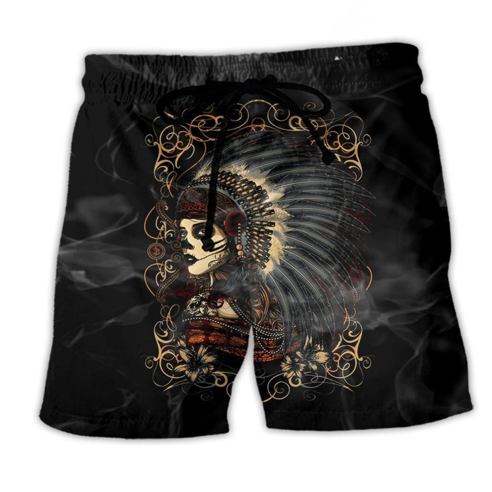 Southwestern Girl Skull Beach Shorts For Summer Vacations And Comfortable Resort Style