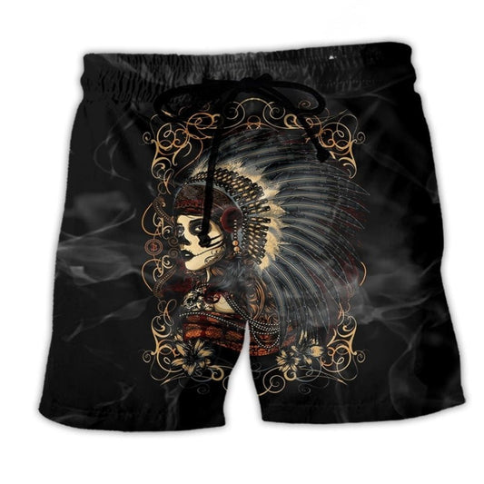 Southwestern Girl Skull Beach Shorts For Summer Vacations And Comfortable Resort Style