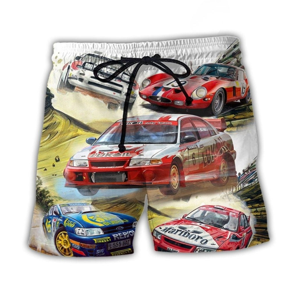 High Speed Car Racing Action Beach Shorts Pattern Detail For Relaxed Warm Weather Outfits
