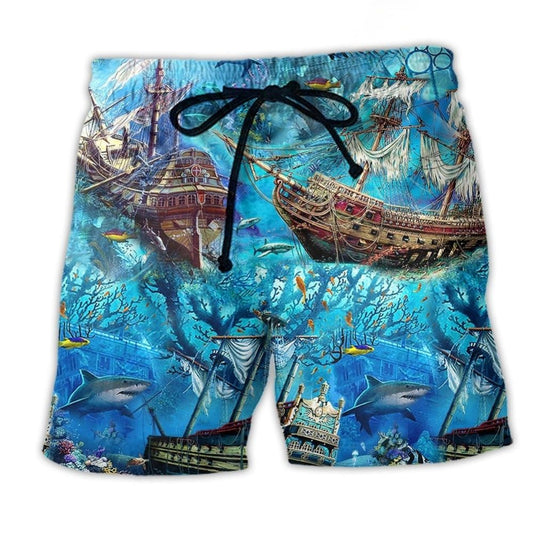 Sunken Ship Ocean Treasure Beach Shorts For Vacation Travel And Casual Outdoor Comfort