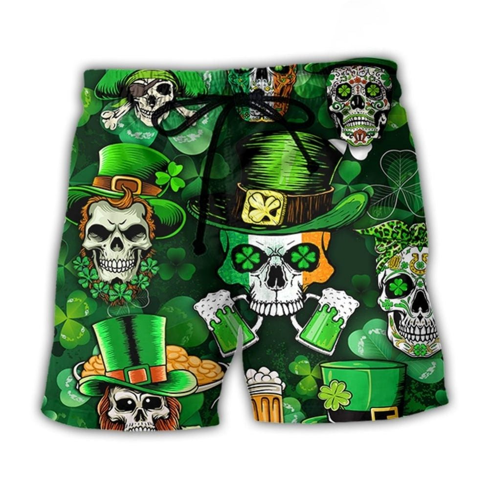 Irish Skull Green Festival Beach Shorts Design View For Poolside Relaxation And Holiday Trips