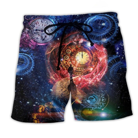 Time Flies Galaxy Clock Mystery Beach Shorts Design Detail For Weekend Getaways And Beach Days