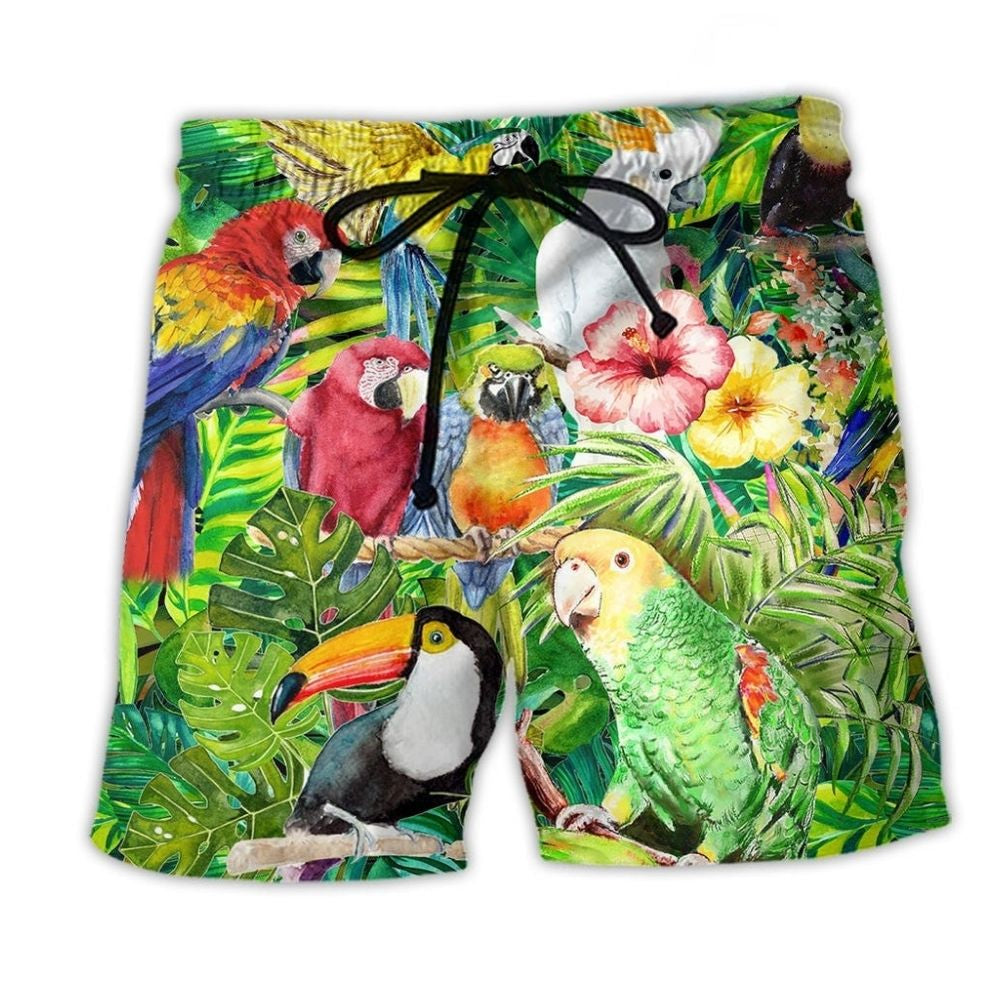 Parrot Tropical Floral Beach Shorts For Weekend Escapes And Comfortable Resort Style