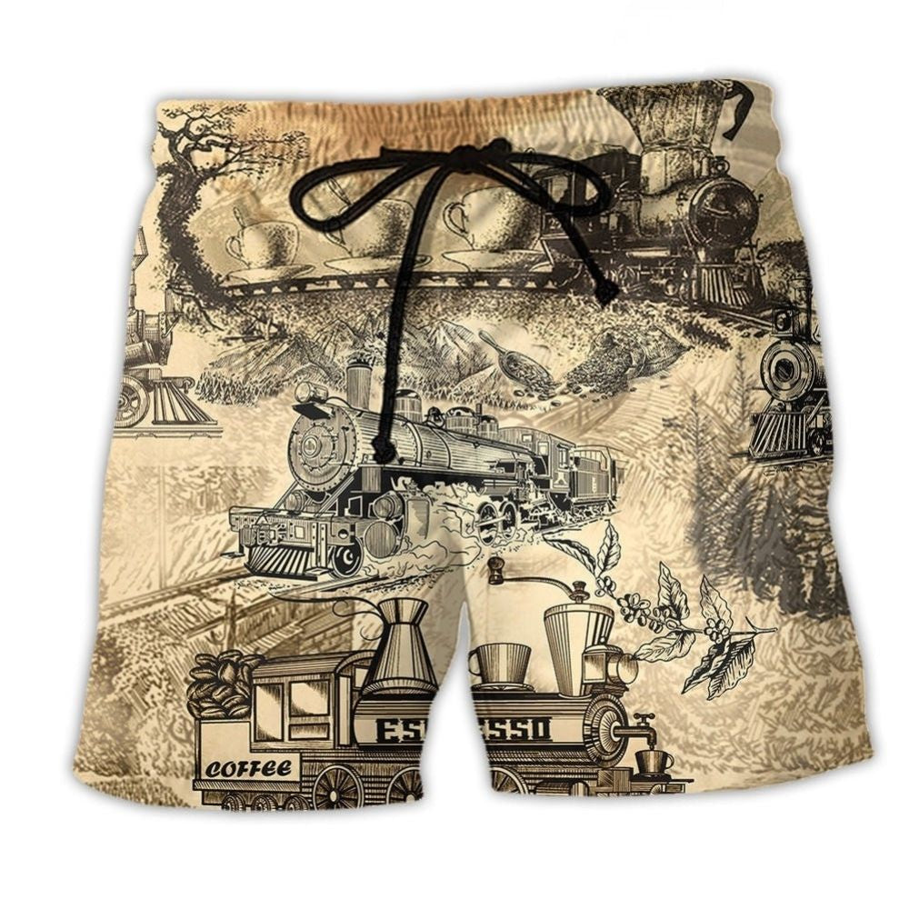 Coffee On Train Retro Travel Beach Shorts Design View For Poolside Relaxation And Holiday Trips