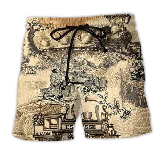 Coffee On Train Retro Travel Beach Shorts Design View For Poolside Relaxation And Holiday Trips