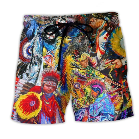 Native Pow Wow Dance Colorful Beach Shorts Design View For Poolside Relaxation And Holiday Trips