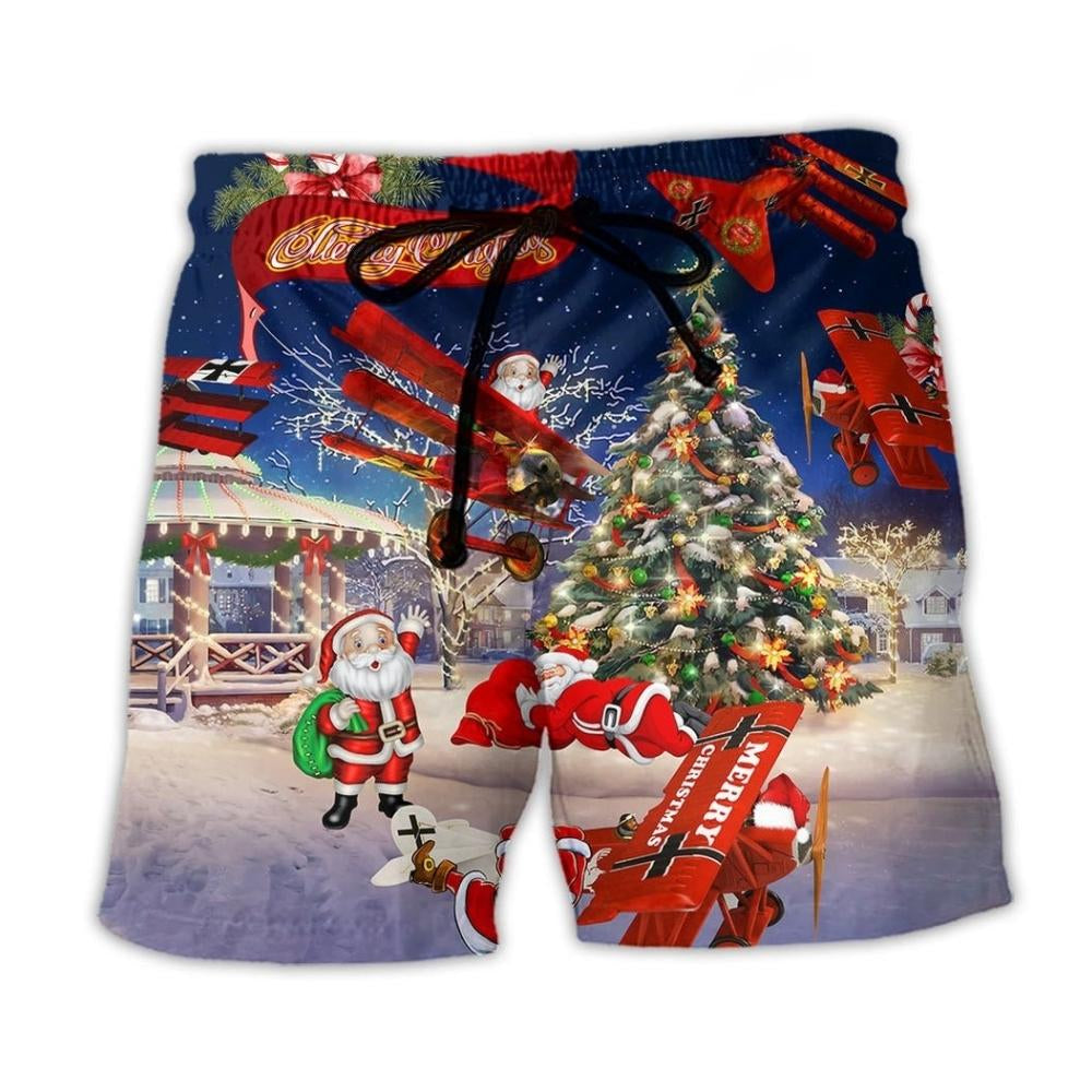 Christmas Santa Loves Airplane Fun Beach Shorts Design Detail For Resort And Beach Day Style
