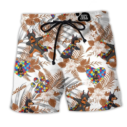 Doberman Autism Awareness Floral Beach Shorts Design Detail For Weekend Getaways And Beach Days
