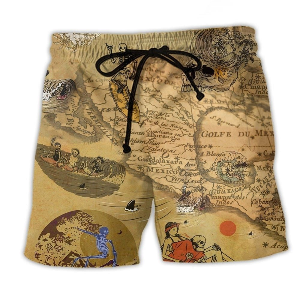 Vintage Surfing Skeleton Adventure Beach Shorts Pattern View For Coastal Holidays And Casual Activities