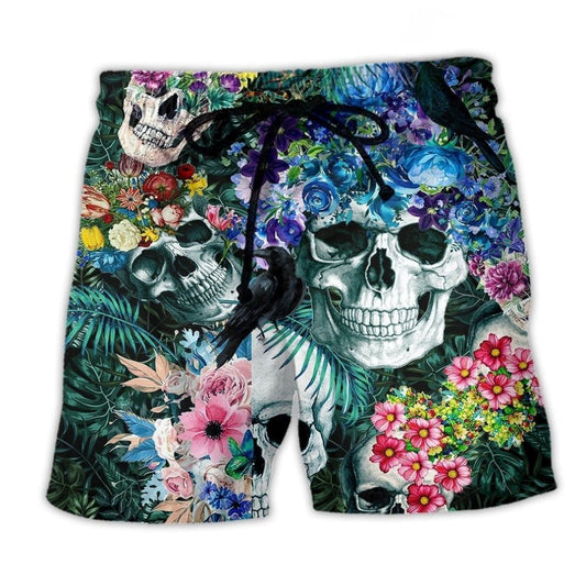 Smiling Skull Floral Blue Beach Shorts For Seaside Travel And Comfortable Daily Wear