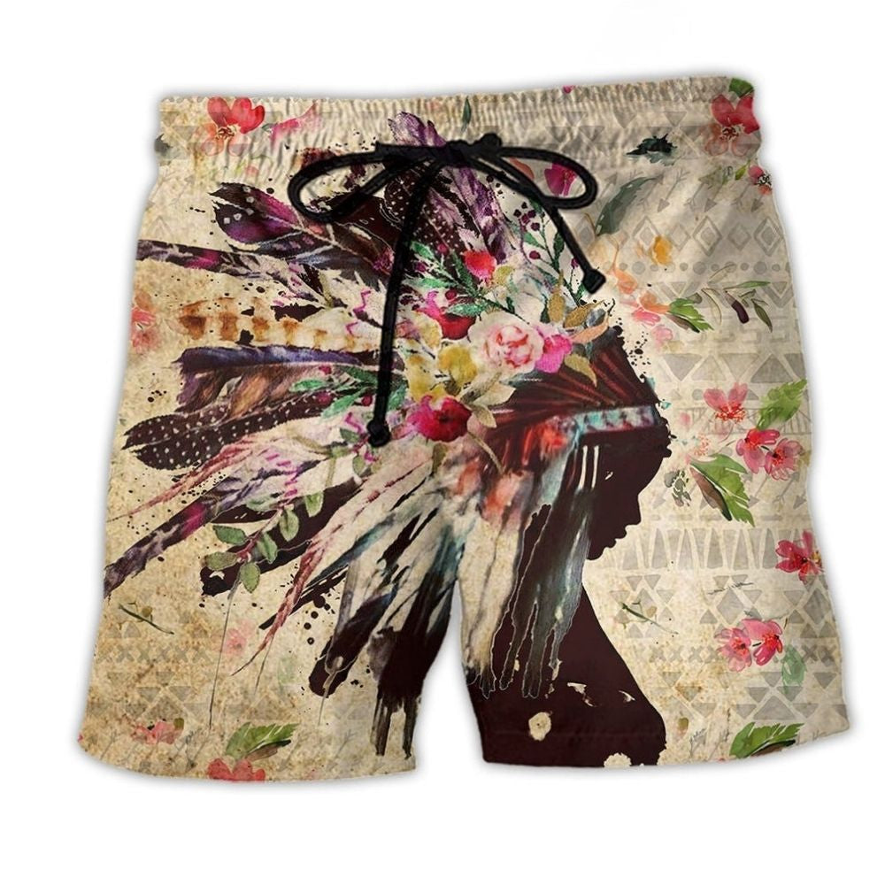 Native Girl Floral Color Portrait Beach Shorts Artwork View For Seaside Trips And Casual Style