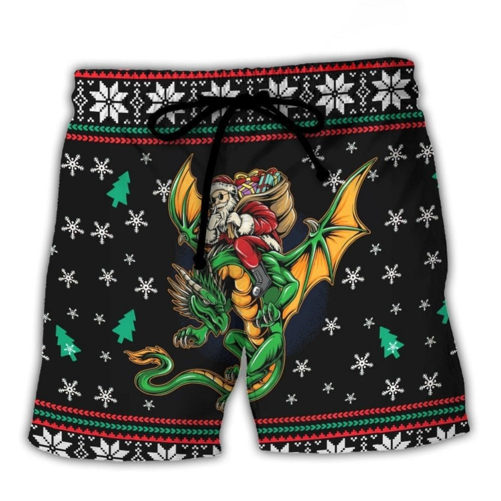 Christmas Santa Fantasy Dragon Beach Shorts For Coastal Adventures And Relaxed Summer Wear